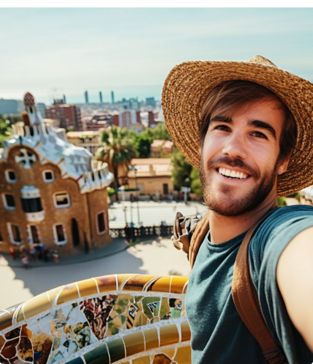 Student tar en selfie i en ny stad